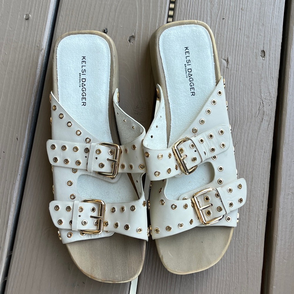 Kelsi Dagger Women's Buckled Brooklyn Jolt Studded Heeled Sandal Beige Size 10